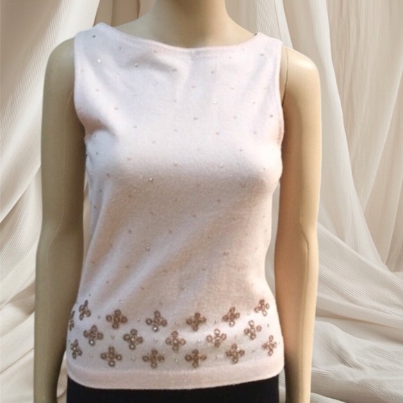 Ann Taylor Tops - ANN TAYLOR BEADED WOOL CASHMERE SLEEVELESS PULLOVER SWEATER PINK L Petit…